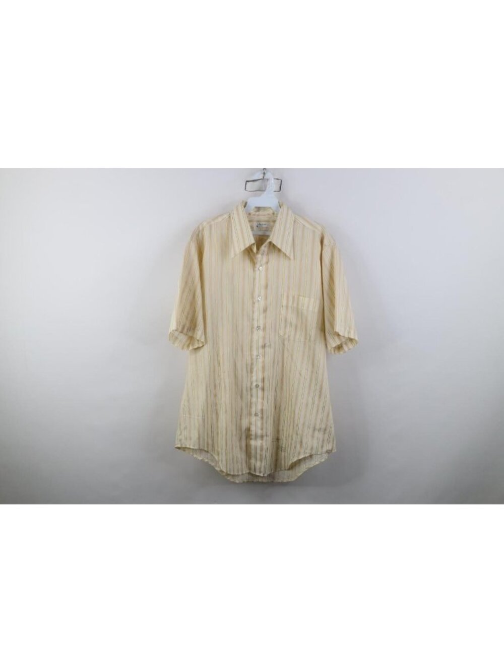 Vtg 70s Streetwear Mens 16.5 Dagger Collar Striped Short Sleeve Button Shirt USA